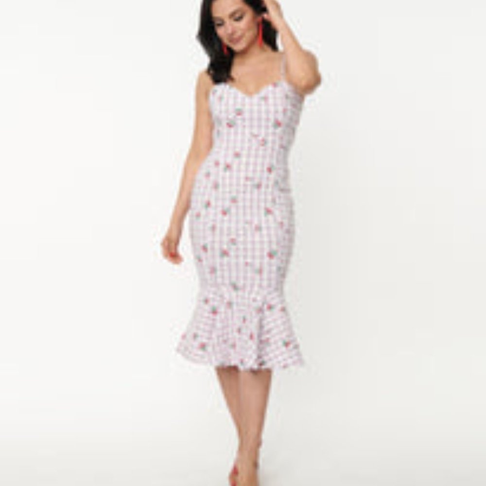 NWT Unique Vintage 1950’s Lavender Gingham & Cherries Rizzo dress  L/10-12